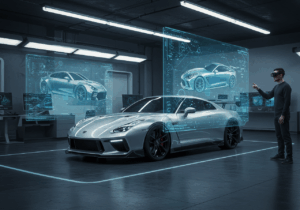 A man stands in a room beside a car, illustrating AI's impact on car styling for 2025.