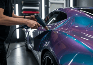 A man uses a power tool to paint a purple car, showcasing innovative technology in auto styling services.