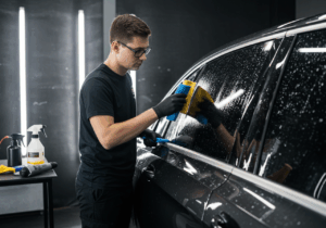 A man in a black shirt washes a car, showcasing modern auto styling technology and services.