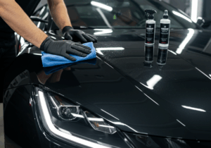 A man in gloves cleans the hood of a black car, showcasing advanced auto styling technology services.
