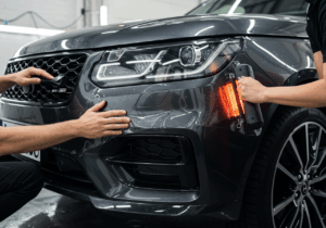 Two men collaborating on a car in a garage, showcasing advanced technology in auto styling services.