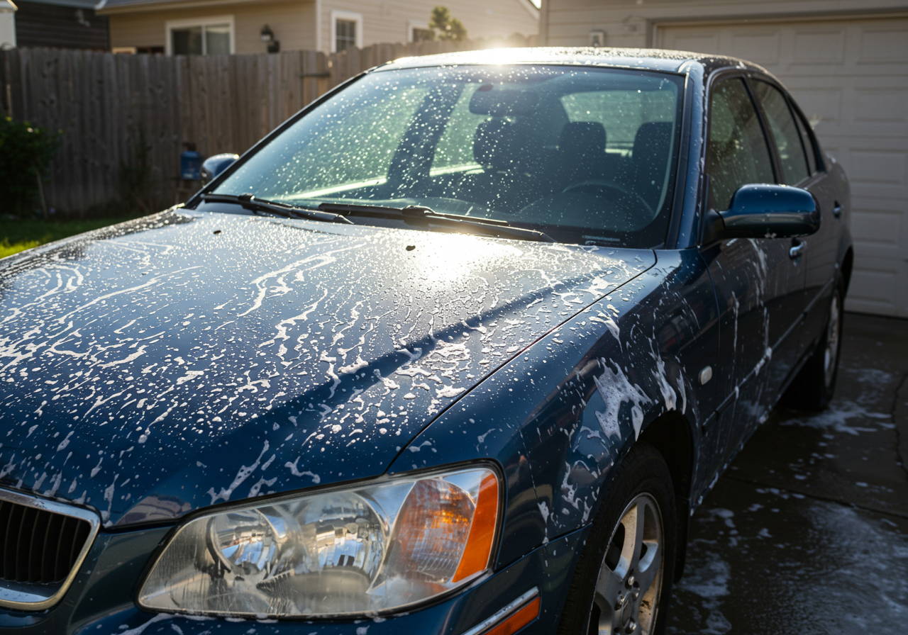 A car completely drenched in water, illustrating common mistakes to avoid when detailing your vehicle.