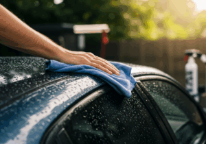 A person cleaning a car window with a blue cloth, illustrating proper car detailing techniques.