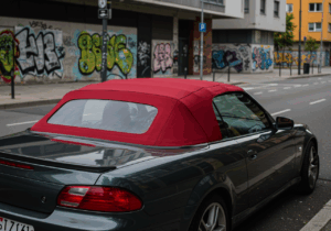 A convertible car with a soft top parked on the side of the road, showcasing modern materials and stylish design options.