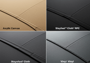 Four fabric swatches in different colors, showcasing modern materials for convertible and soft top upgrades.