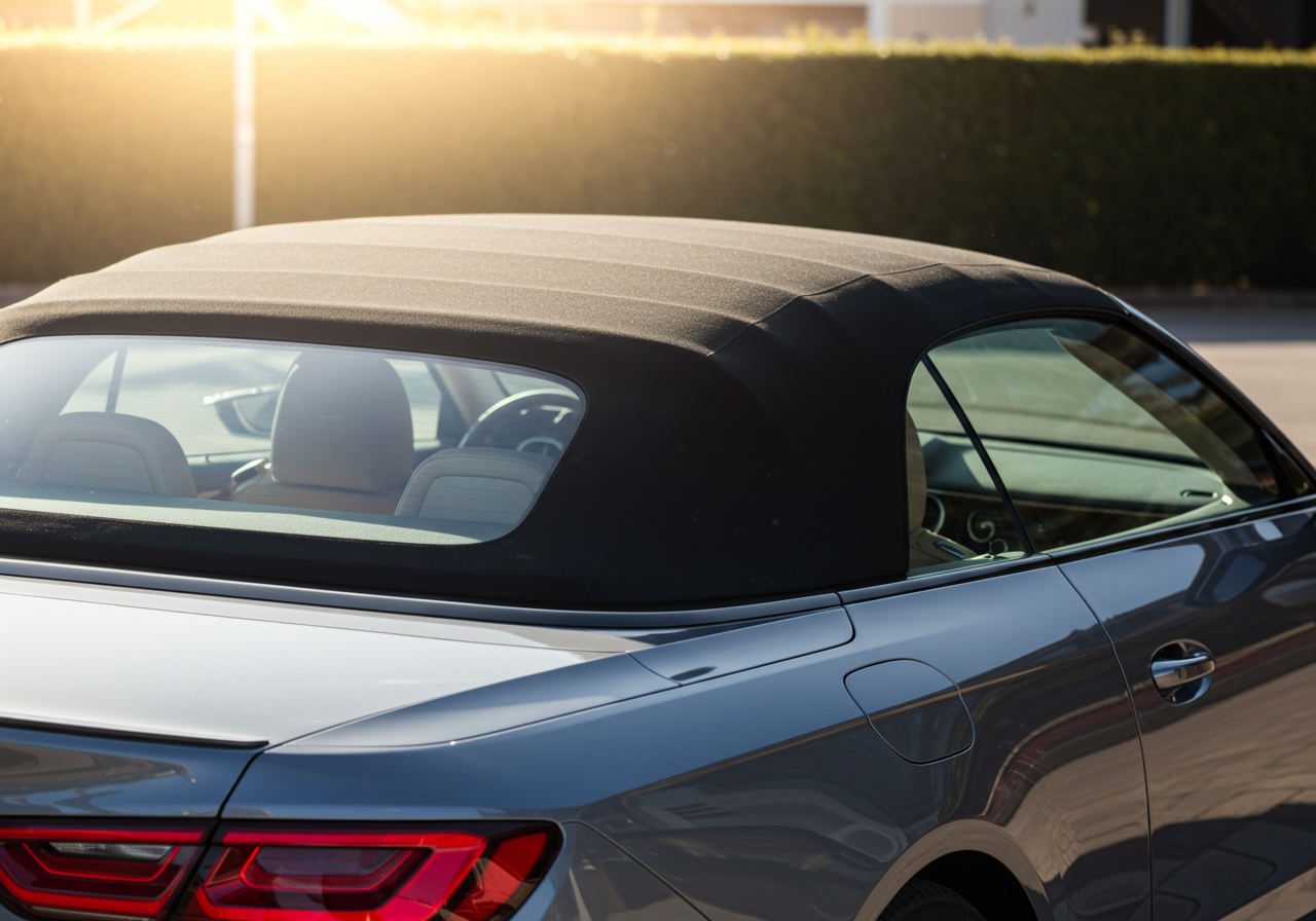 The back of a convertible car with the sun shining, showcasing modern materials and stylish soft top upgrades.