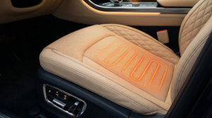Heated car seat with thermal visualization showing heat distribution across perforated leather