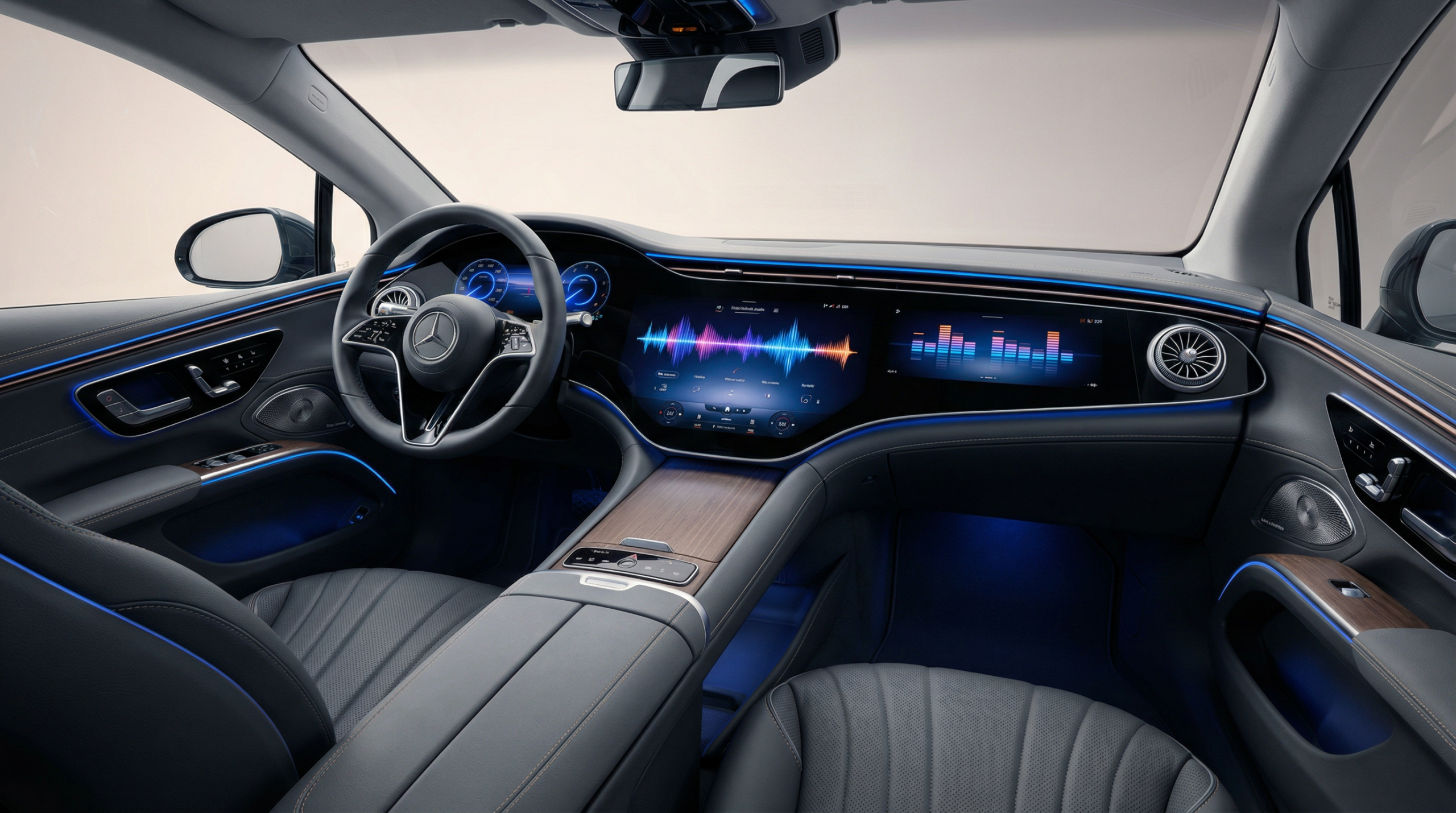 Luxury car interior with premium audio entertainment system and spatial sound visualization