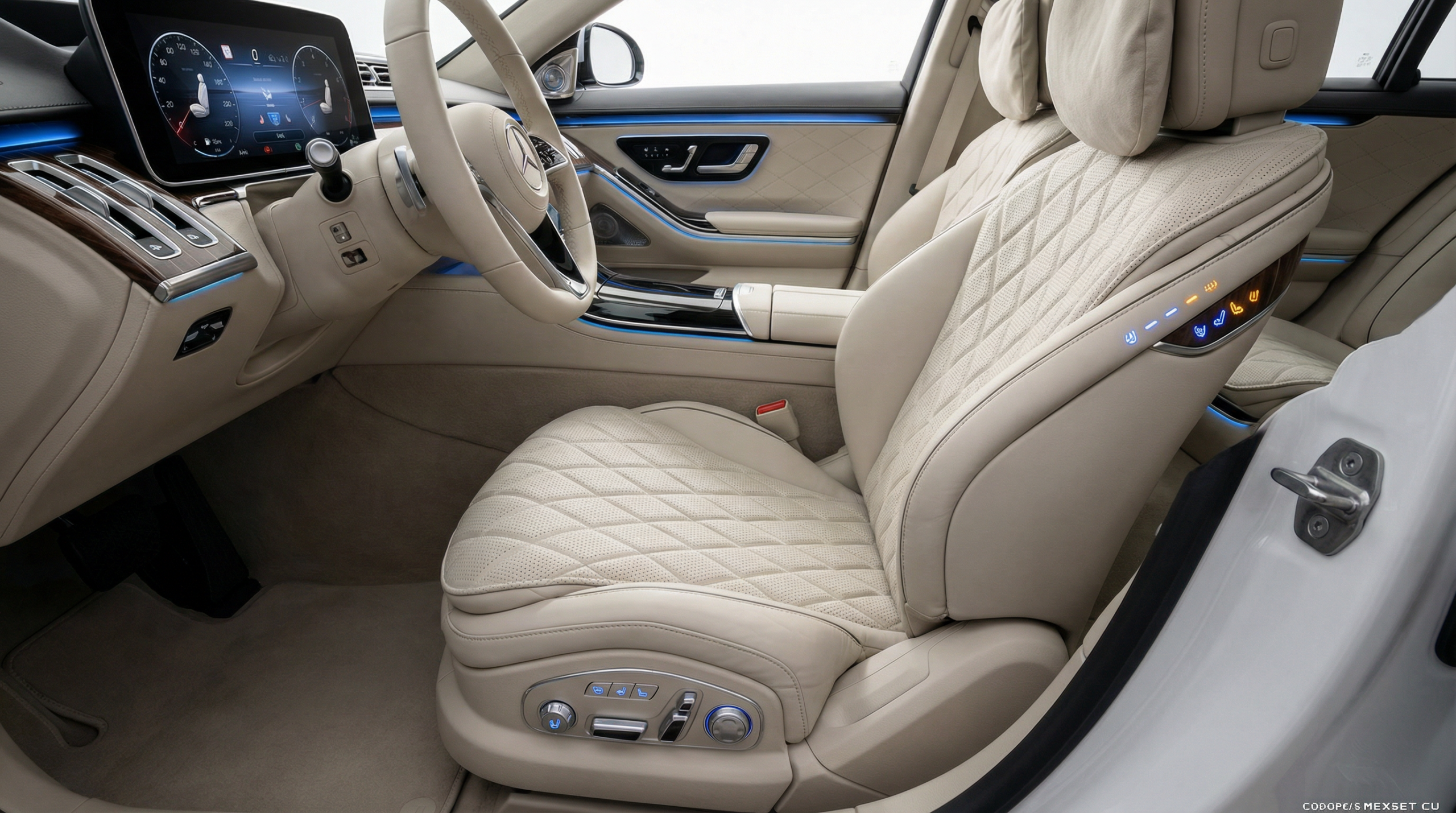 Luxury car interior with premium climate control seats and perforated leather upholstery