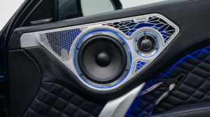 Premium car audio speakers with carbon fiber cones and LED lighting in door panel