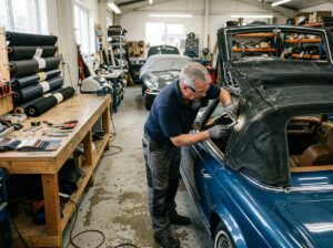 Auto specialist inspecting convertible soft top seams and frame in workshop
