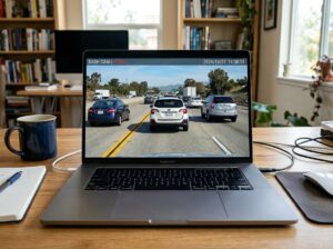 Laptop displaying clear HD dash cam footage highway with readable plates