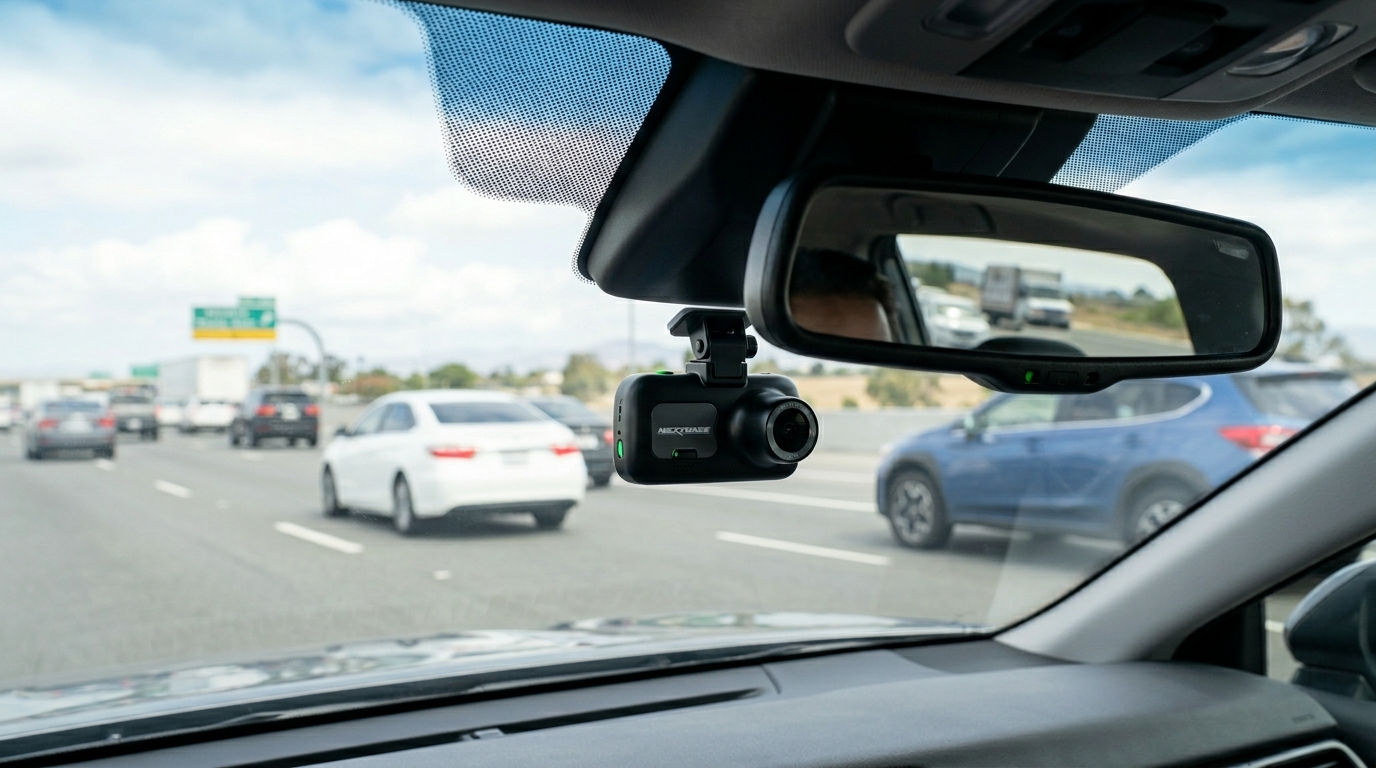 Dash cam mounted cleanly on windshield behind rear-view mirror in sedan