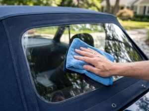 Microfiber cloth cleaning clear plastic rear window on convertible soft top