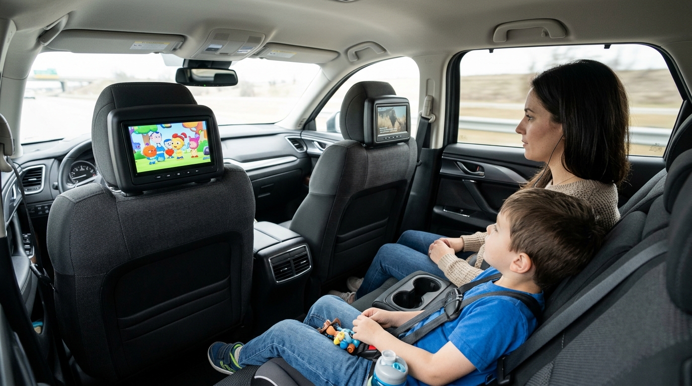 Passengers watching headrest mounted screens in rear seat of family SUV