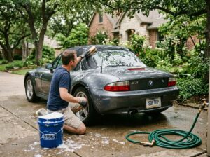 Person cleaning black cloth convertible top with soft brush soapy water