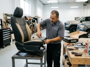 Technician installing Katzkin leather seat cover on vehicle front seat in workshop