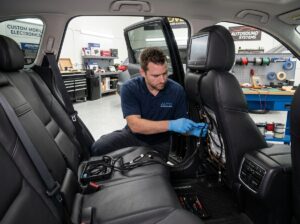 Technician installing headrest monitor wiring family SUV seat in workshop