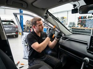 Technician routing dash cam cable along vehicle A-pillar trim in workshop