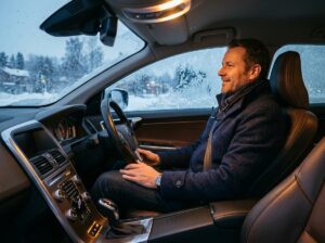 Driver comfortable in heated seat cold winter morning frost on windows