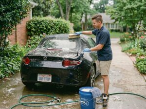 Person washing convertible soft top in shade with soft brush and suds