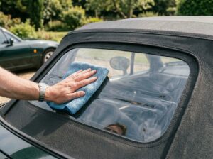 Soft microfiber cloth cleaning clear plastic rear window on convertible top