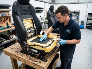 Technician installing carbon fibre seat heating element under vehicle seat cover