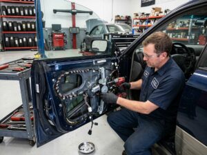 Technician installing power window motor inside vehicle door panel in workshop