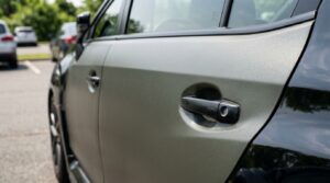 Close up matte olive green vinyl wrap on car door panel flat non reflective