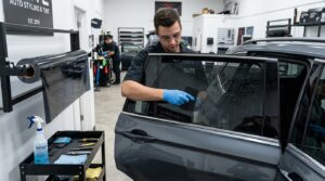 Installer applying dark privacy tint film to vehicle rear side window in workshop