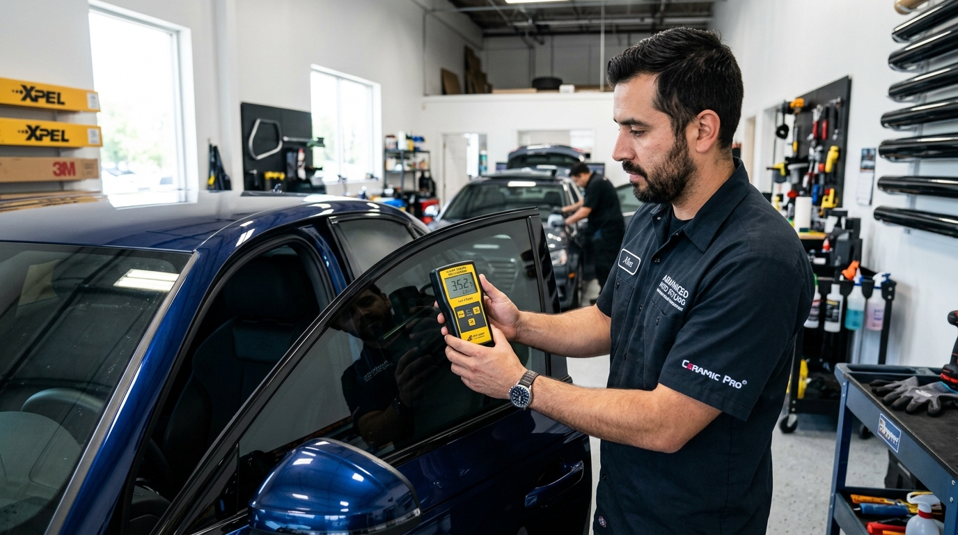 Technician using tint meter to measure VLT on vehicle front window in auto shop