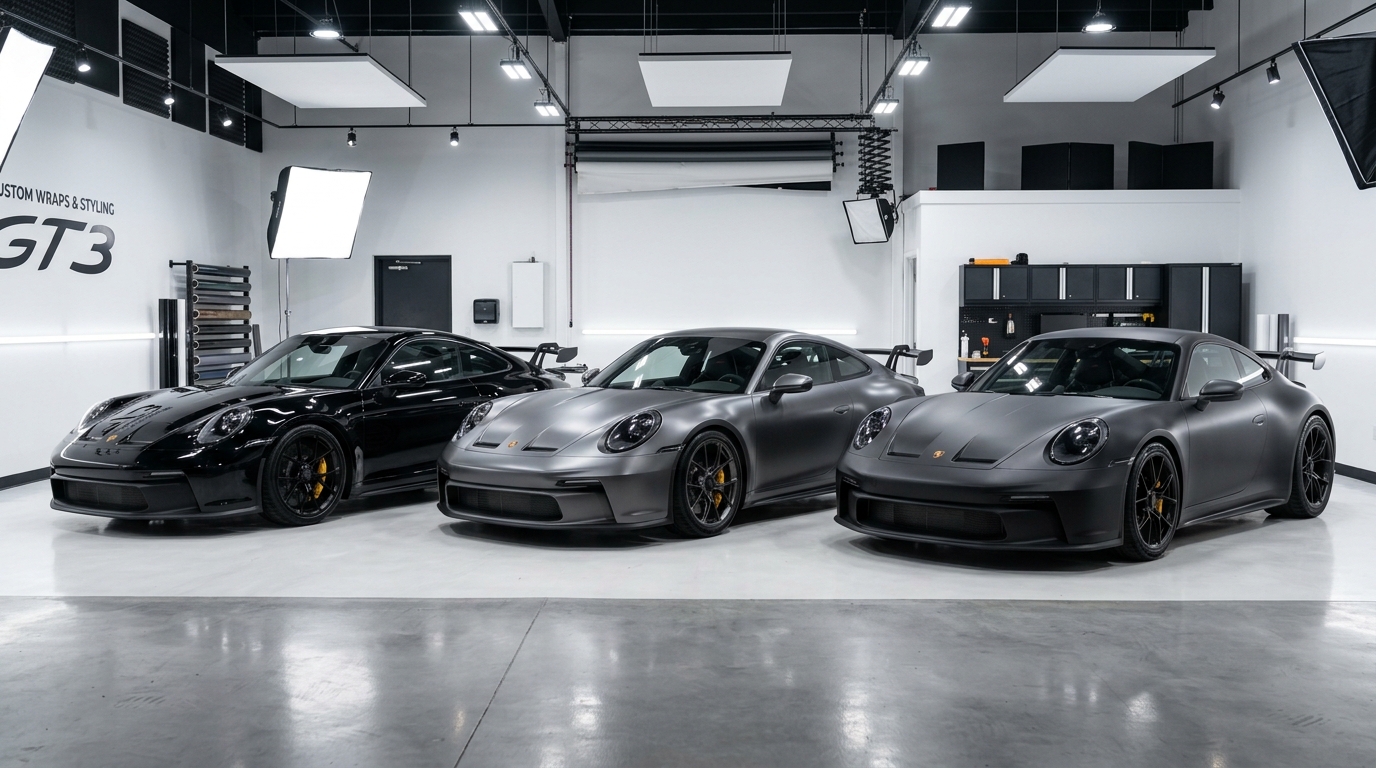 Three cars showing gloss satin and matte wrap finishes side by side in studio